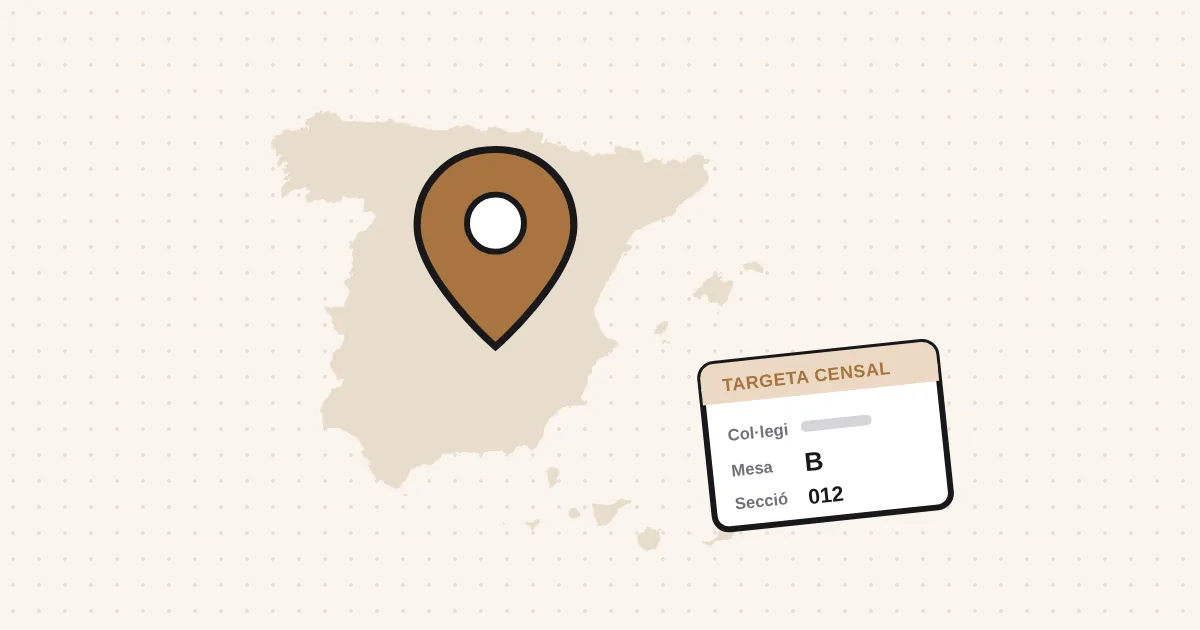 Un mapa d'Espanya amb un marcador sobre un col·legi electoral i una targeta censal.